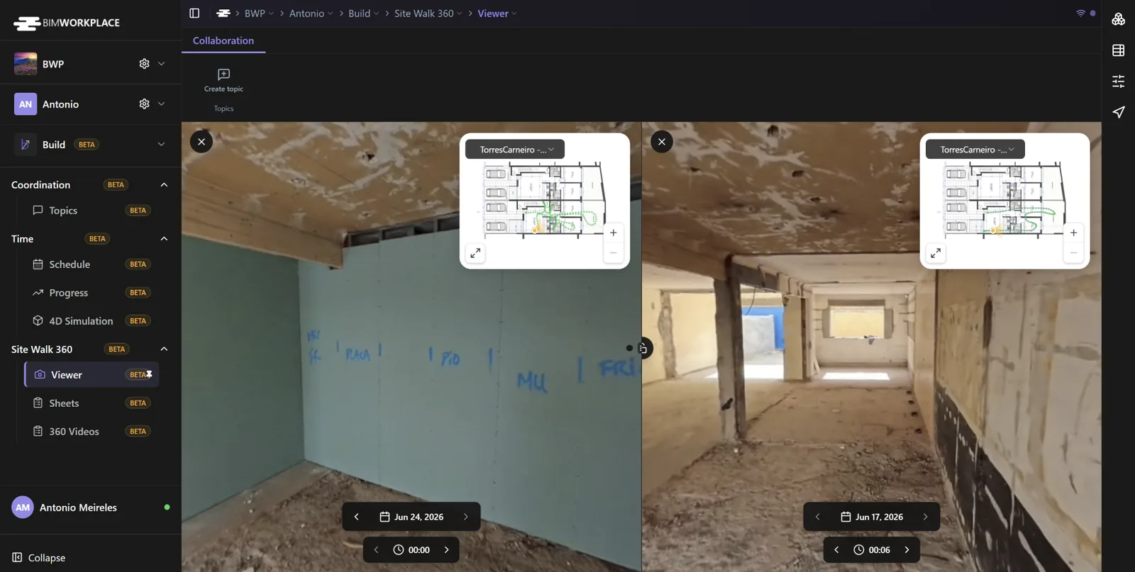 Visualizador Site Walk 360 comparando duas sessões de captura lado a lado com minimapa e linha do tempo.