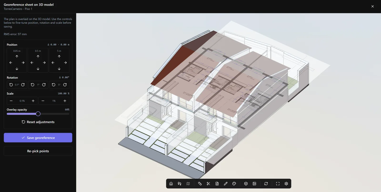 Planta de piso georreferenciada e sobreposta no modelo 3D com controles de posição, rotação e escala.