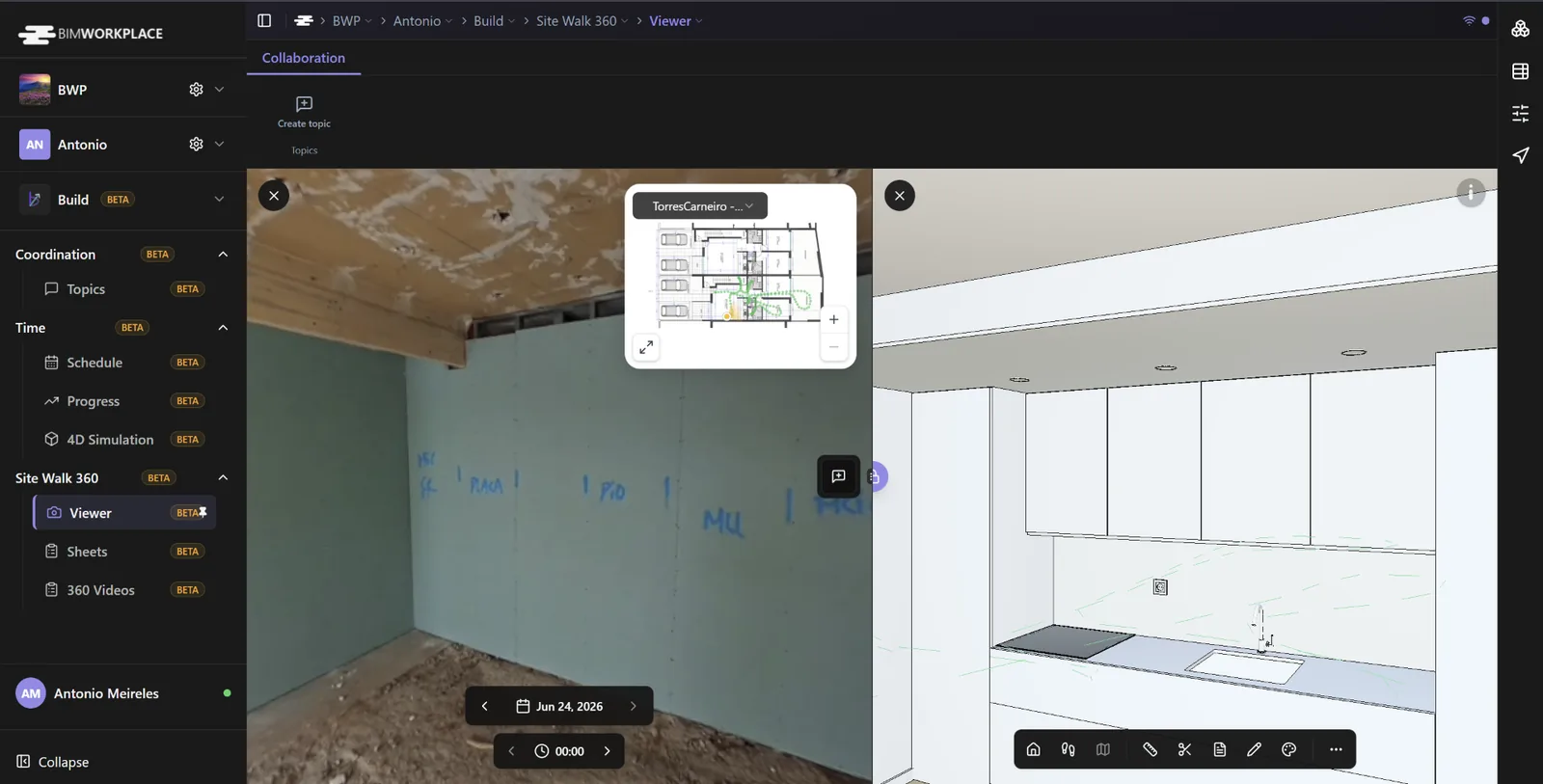 Panorama 360 do Site Walk travado ao modelo BIM federado em uma visualização dividida.