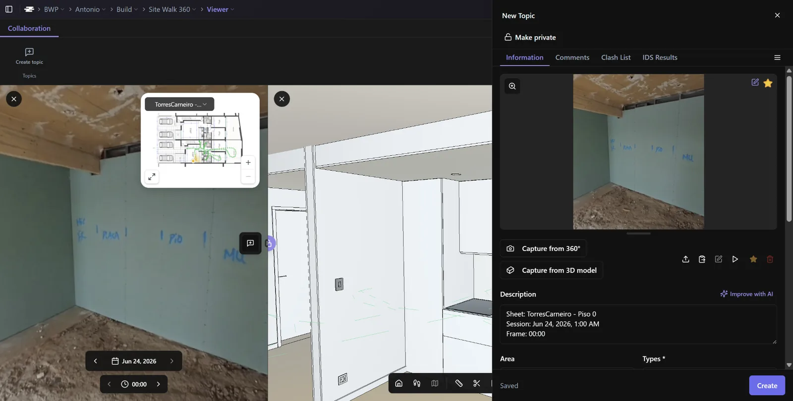 Espaço de trabalho Build Topics com o painel Novo Tópico e uma visualização do Site Walk 360 lado a lado