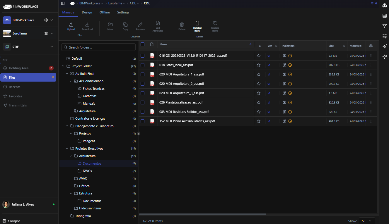 BIMWorkplace CDE interface — folder tree, document list with versions and indicators