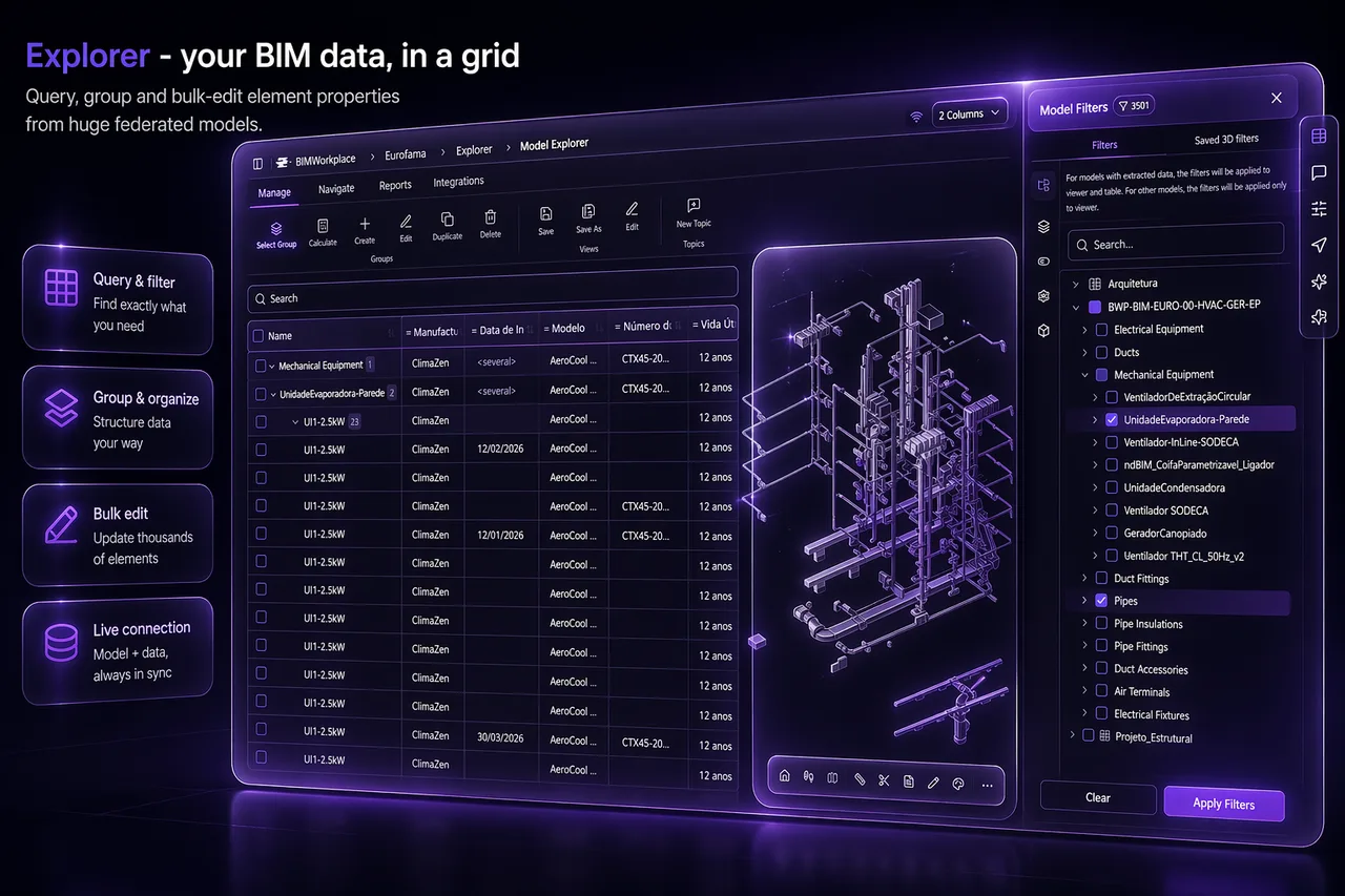 Explorer — Vue de tableau des données BIM avec propriétés groupées et filtres