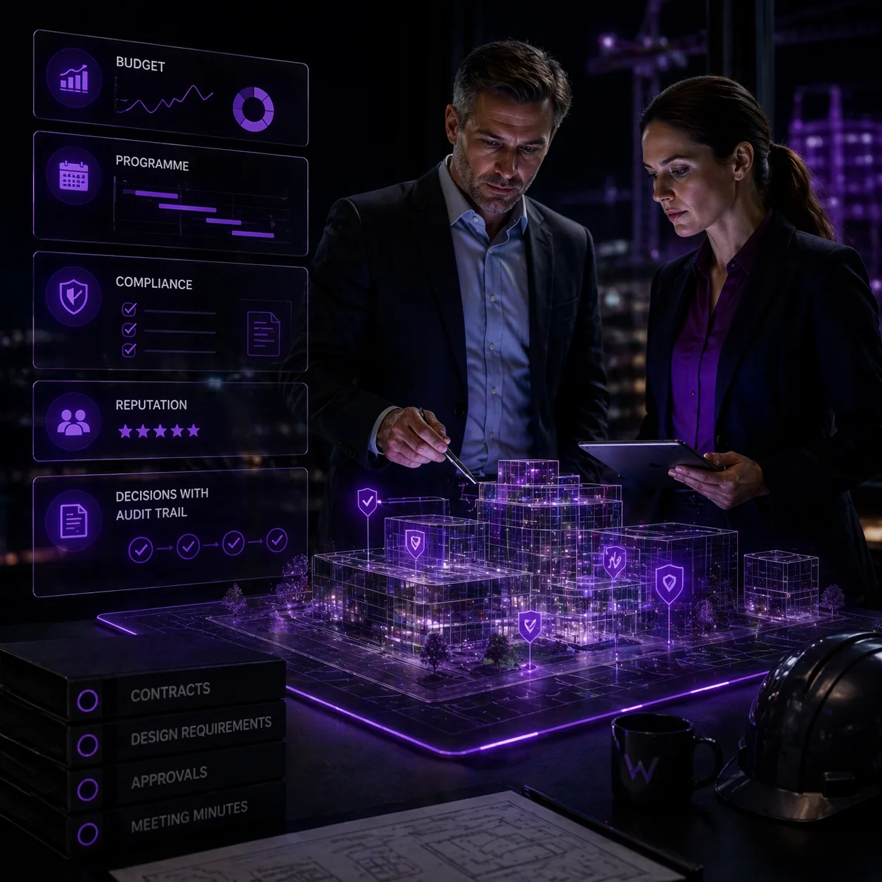Project owners reviewing a BIM model dashboard with budget, programme, compliance and audit trail